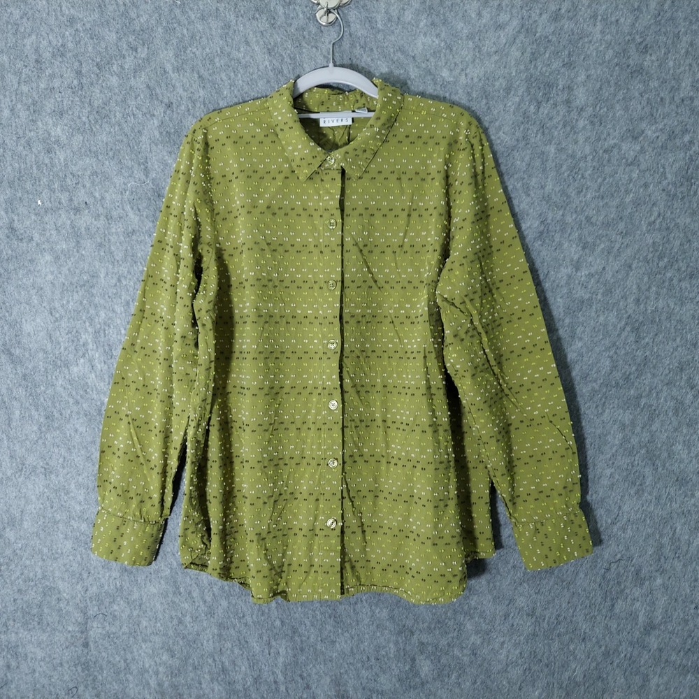 Joan Rivers Women Button Up Shirt M Green Boho Textured Clipped Dot Long Sleeve